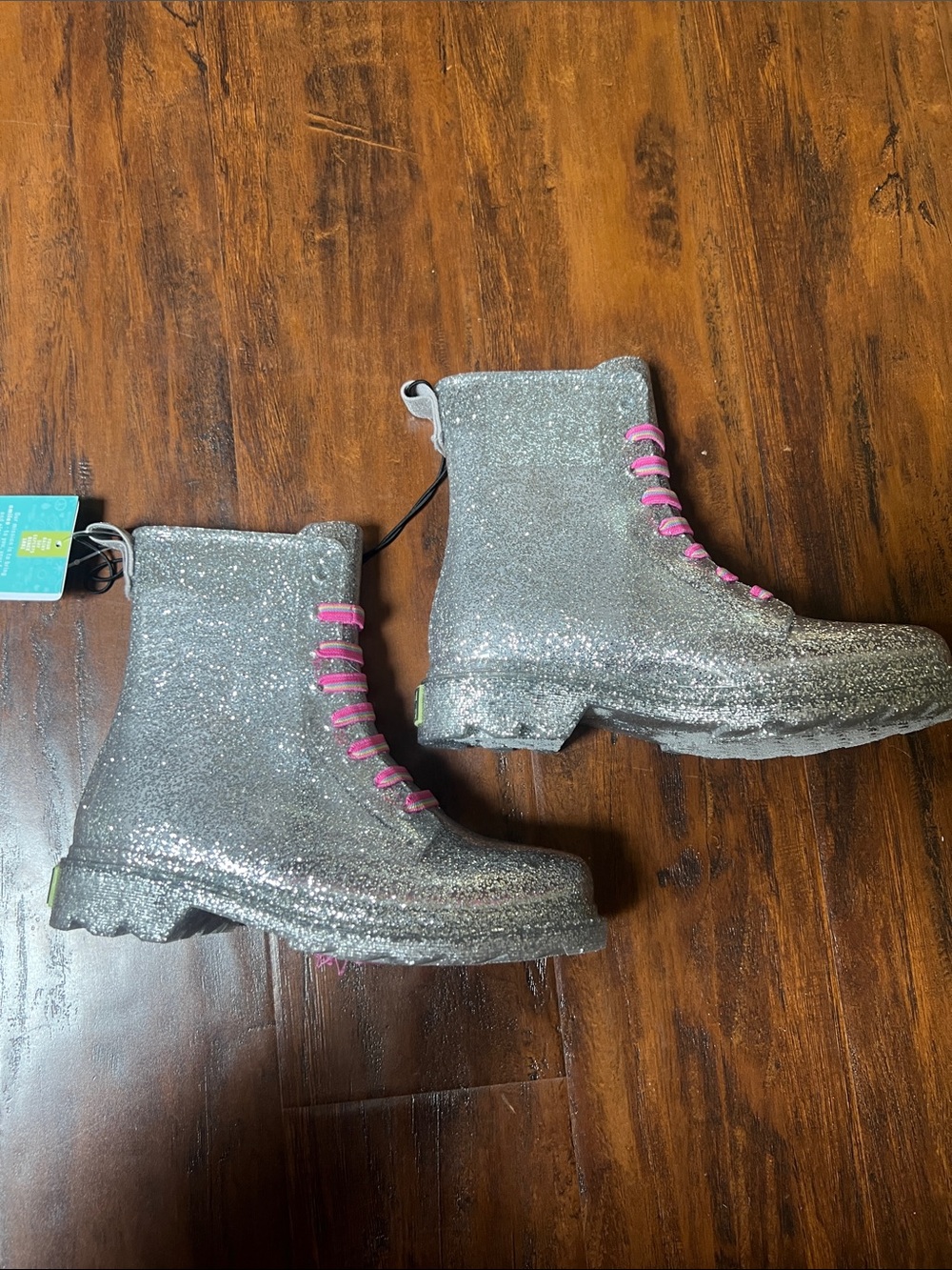 NWT Western Chief Glitter Combat Rain Boots with Hot Pink No Tie Laces Size 1 - Picture 6 of 10